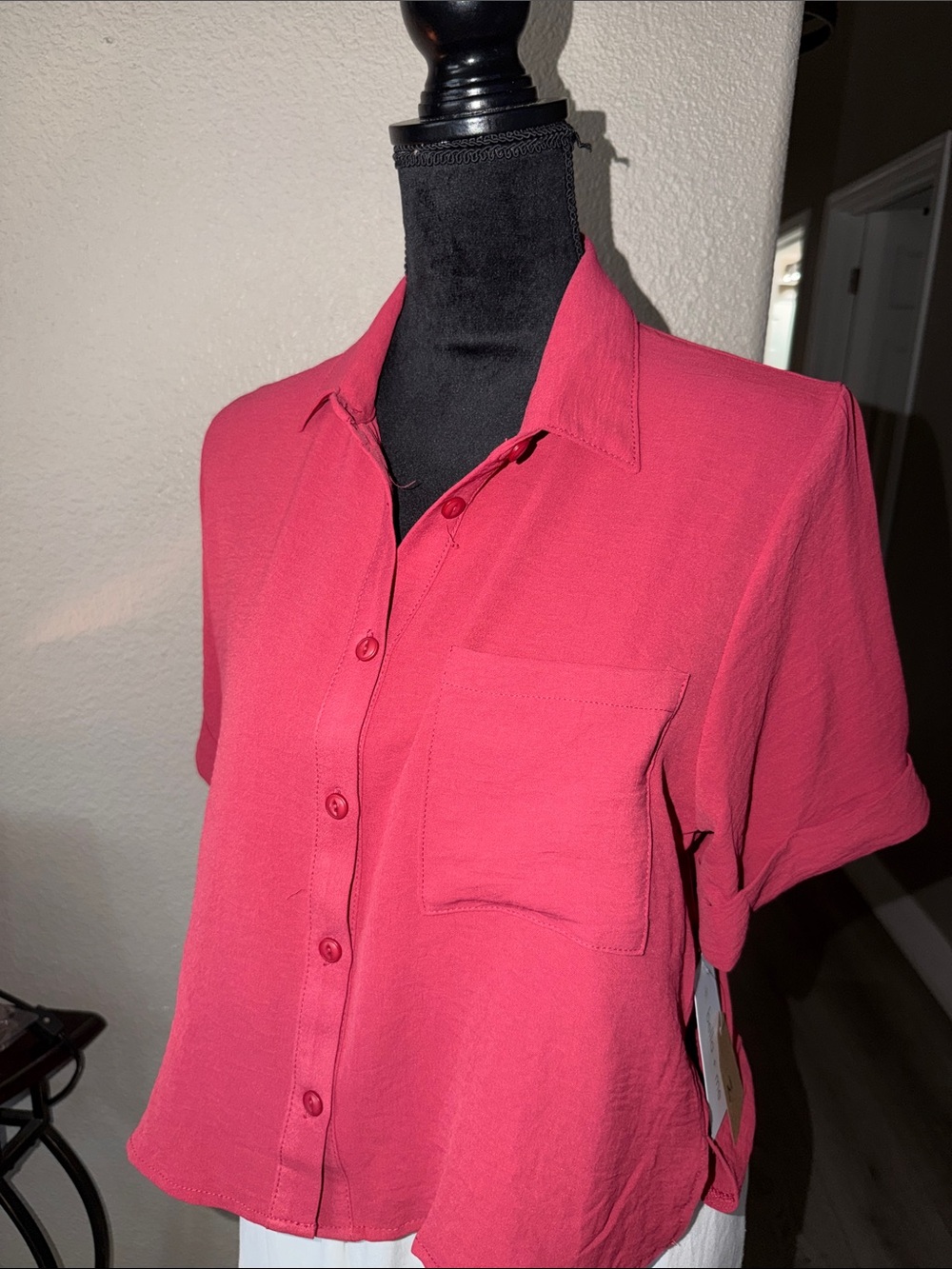 Women’s Short-Sleeve Button Front Top - Raspberry Pink - Picture 2 of 4